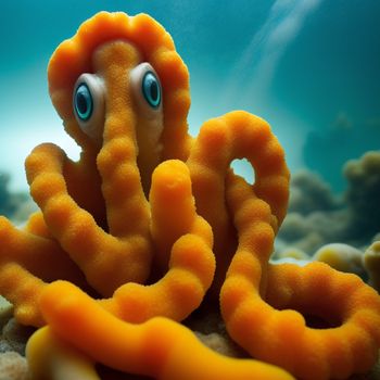 close up of a very cute looking octopus under water with a blue background and a light shining on it