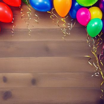 group of balloons and streamers on a wooden table with a wooden floor and a wooden wall in the background