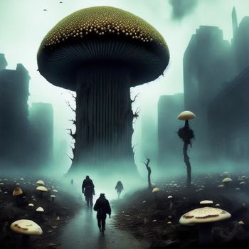 group of people walking down a path in front of a mushroom like structure with a giant mushroom on top