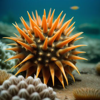 close up of a sea urchin on a coral reef with other corals in the background and a fish swimming in the water