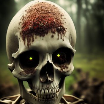 creepy skeleton with green eyes in a forest with trees in the background with green eyes and blood on its forehead