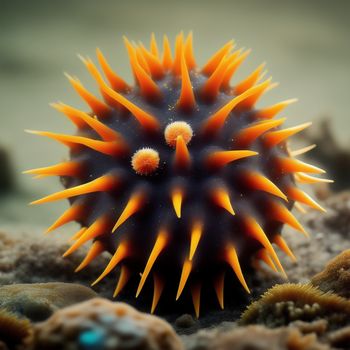 close up of a sea urchin on a rocky beach with seaweed and rocks in the background