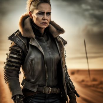 woman in a leather jacket and fur collar standing in a desert road with a cloudy sky in the background