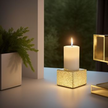 lit candle sitting on a table next to a plant and a mirror on a table top with a plant in the background