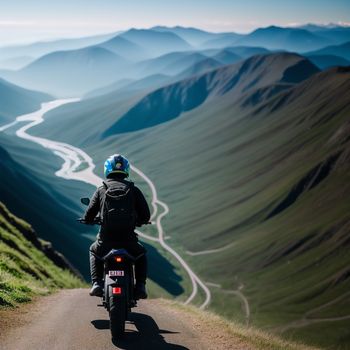 person riding a motorcycle on a road in the mountains with a view of a river and a winding road