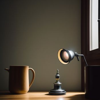 light that is on a table next to a cup of coffee and a lamp on a table next to a window