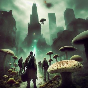 man with a gun standing in a forest with mushrooms and other people in the background in a futuristic city