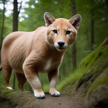 small brown animal walking across a forest floor covered in green grass and trees