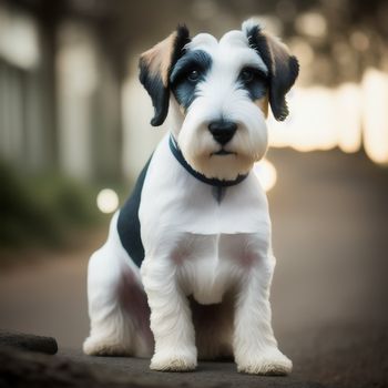 small white and black dog sitting on a street corner with a black collar on it's neck