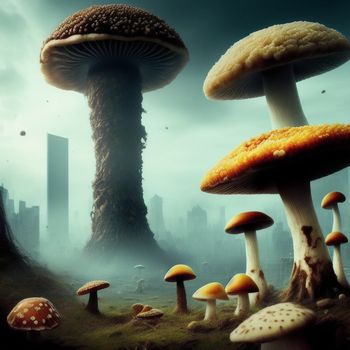 group of mushrooms in a field with a city in the background and a foggy sky in the background