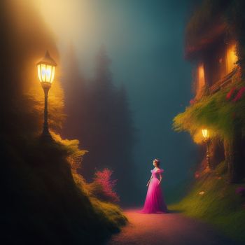 woman in a pink dress standing in a dark alley at night with a lamp post in the background