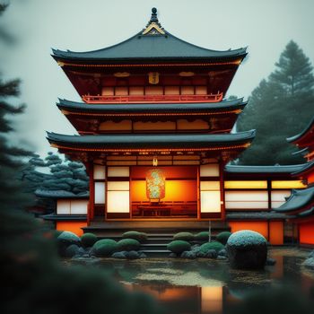 pagoda with a lit up window in the middle of a garden area with rocks and trees around it