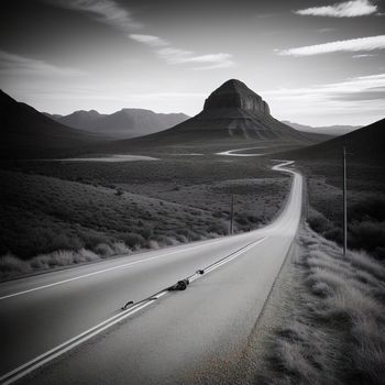 car is driving down a road in the desert with a mountain in the background and a road sign in the foreground