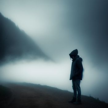 person standing on a hill with a foggy sky behind them and a mountain in the distance with a person standing on a hill