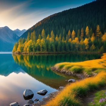 lake surrounded by mountains and trees with a few rocks in the water and grass in the foreground