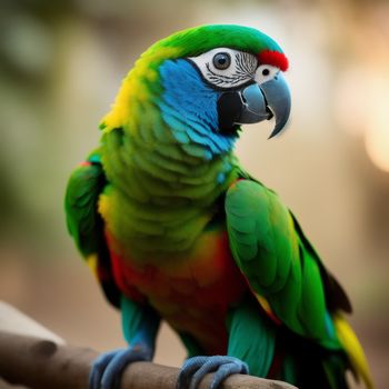 colorful parrot sitting on a branch with a blurry background of trees and a building in the background