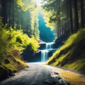 road with a waterfall in the middle of it and trees around it and a stream running through the middle