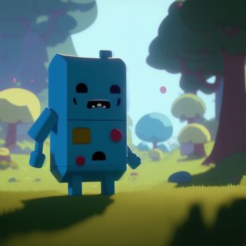 blue robot standing in a forest with trees in the background and a blue sky in the background with clouds