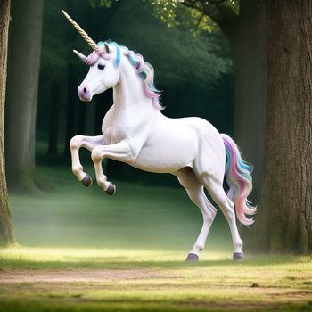 white unicorn standing in the middle of a forest with trees in the background and a green field with grass