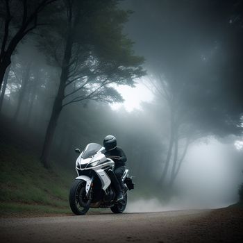 person riding a motorcycle on a foggy road in the woods with trees in the background and fog