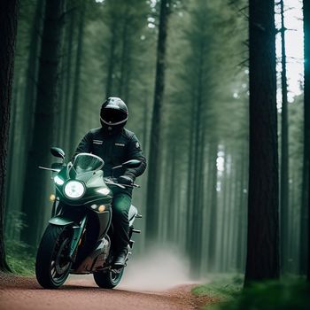 man riding a motorcycle down a forest road in the middle of the day with fog coming off the trees