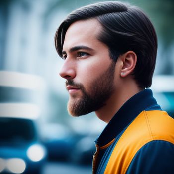 man with a goatee and a beard is standing in front of a car and looking off to the side