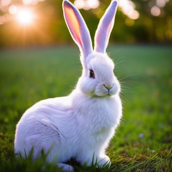 white rabbit sitting in the grass with the sun shining behind it and a bright spot in the sky