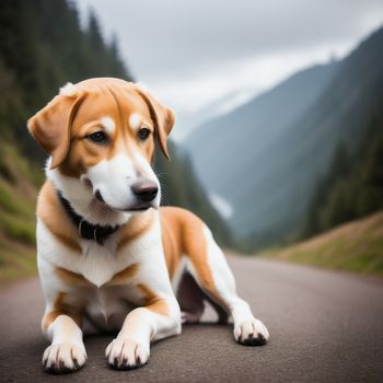 dog sitting on the side of a road in the middle of a forest with mountains in the background