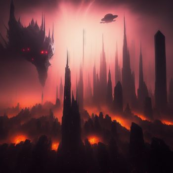 futuristic city with a red light coming from it's eyes and a red light coming from the sky