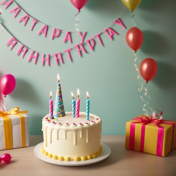 birthday cake with candles and balloons on a table with a banner and streamers in the background that says happy birthday