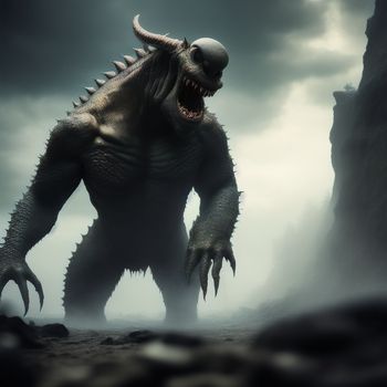 monster with a huge mouth and sharp teeth standing in a rocky area with a dark sky in the background