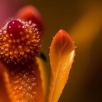 close up of a flower with water droplets on it's petals and a yellow flower bud with a red center