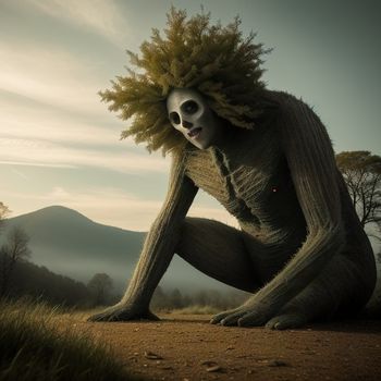 skeleton sitting on a dirt road with a tree on its head and a human body wrapped in a sweater