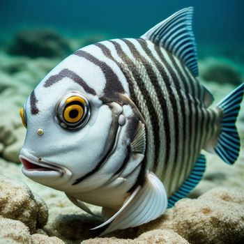 fish with a yellow eye is swimming in the water near some rocks and sand on the ocean floor