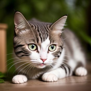 cat sitting on the ground looking at the camera with a green background and a plant in the background