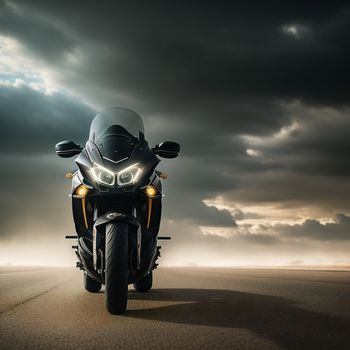 motorcycle is parked on a road under a cloudy sky with clouds in the background and a sunbeam