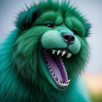 green furry dog with its mouth open and teeth wide open