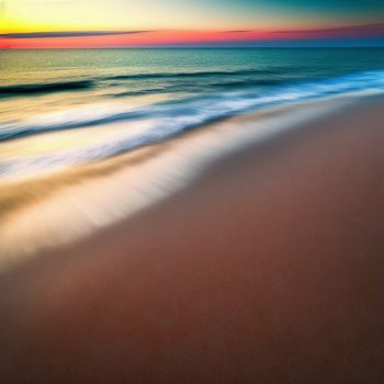 beach with a wave coming in to shore and a sunset in the background with a red and yellow sky