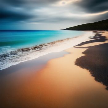 beach with a blue ocean and a cloudy sky above it and a beach with a sandy shore line