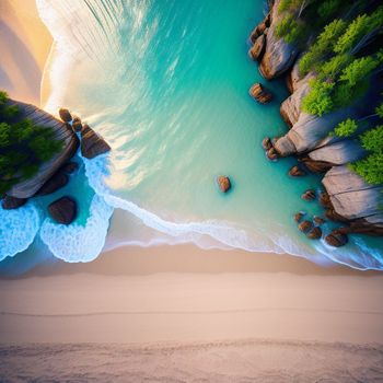 beach with a blue ocean and a cliff with trees on it and a sandy shore with rocks and a boat