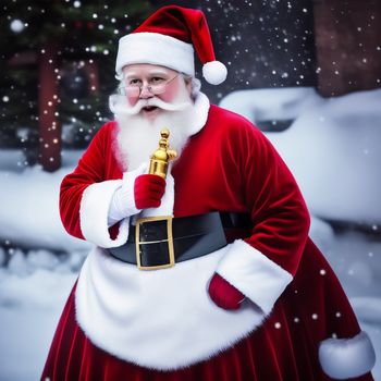 man dressed as santa claus holding a bell in his hand and standing in the snow with snow falling on the ground