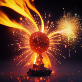 firework display with a red ball and yellow firework on top of it and a green firework