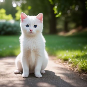 white kitten sitting on a sidewalk in the sun with blue eyes and a pink nose and tail