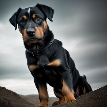 dog sitting on a rock looking at the camera with a cloudy sky behind it and a black and brown dog with a black collar