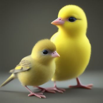 couple of yellow birds standing next to each other on a gray surface with a black background behind them