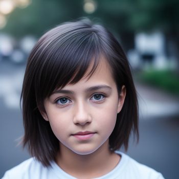 young girl with a short haircut and a white shirt is looking at the camera with a serious look on her face