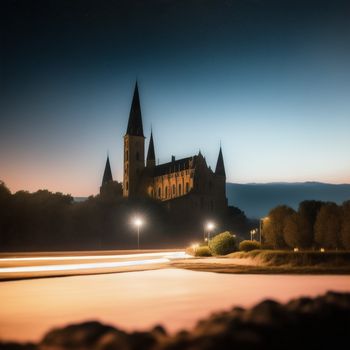 castle with a clock tower lit up at night time with a car passing by it and a car passing by