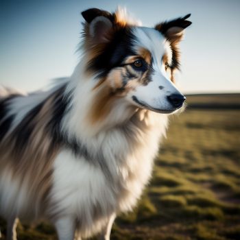 dog standing in a field with a sky background and grass in the foreground