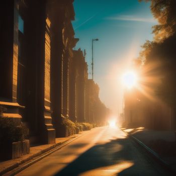 street with a car driving down it at sunset or sunrise time with the sun shining down on the street