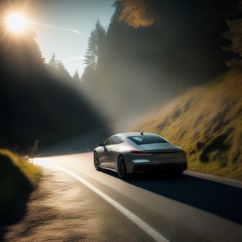 car driving down a road with the sun shining down on it's side and trees in the background